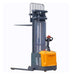 A yellow-handled forklift with a blue bucket, designed for lifting and stacking heavy loads, rated for 4400 lbs capacity.