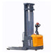 A full-powered straddle stacker featuring a yellow handle and blue bucket, capable of lifting up to 4400 lbs.