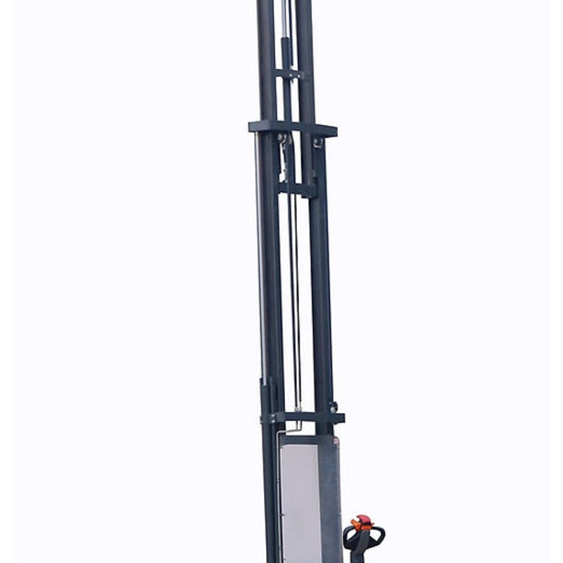A forklift with a yellow handle and blue bucket, specifically designed for straddle stacking, with a 4400 lb lifting capacity.