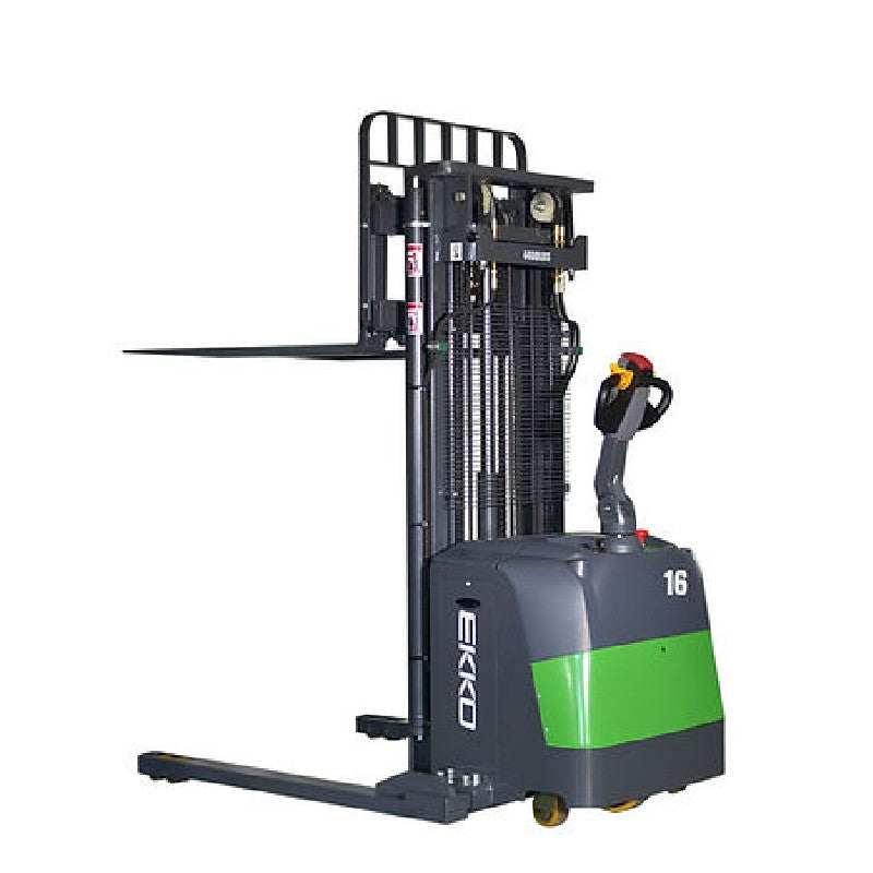 A green and black EKKO EB16EAS-189Li Lithium Straddle Stacker, showcasing its 4400 lb capacity and 189" height.