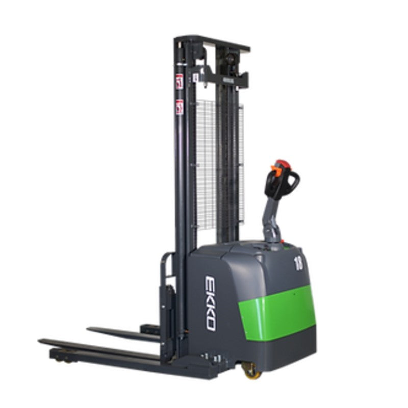 Electric straddle stacker with a 4000 lb capacity and 118" height, designed for efficient goods movement.