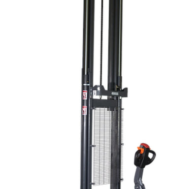 EKKO EB18C-118Li electric stacker, capable of lifting 4000 lbs to a height of 118 inches for material handling.