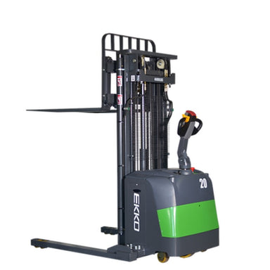  EKKO EB20CS-177LI straddle stacker in green and black, capable of lifting 4400 lbs to a height of 177 inches.