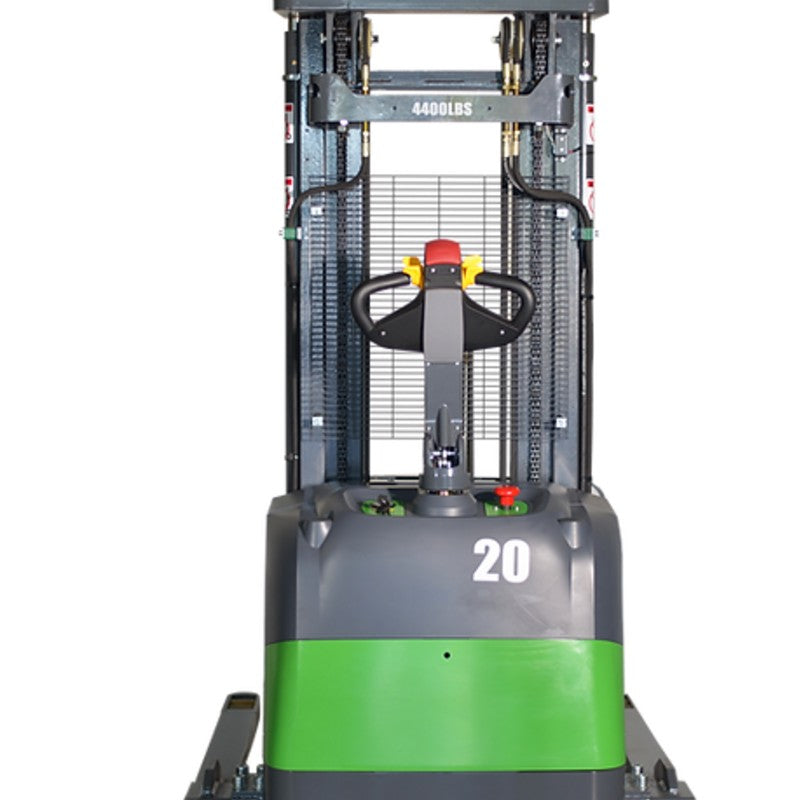 Green and black EKKO EB20CS-177LI straddle stacker, designed for lifting up to 4400 lbs at a maximum height of 177 inches.