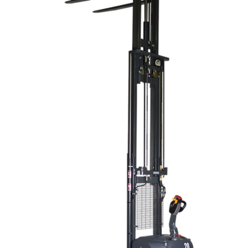 EKKO EB20CS-177LI full powered straddle stacker, featuring a green and black design, with a 4400 lb capacity and 177" height.