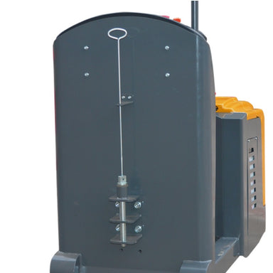 Electric tow tractor featuring a red light, capable of towing 10,000 lbs, emphasizing its small size and functionality.