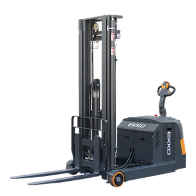 EKKO EH15TH walkie reach truck in yellow and black, designed for moving loads up to 3300 lbs and reaching 216 inches high.