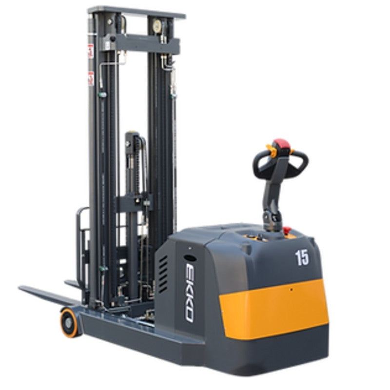 EKKO EH15T walkie reach truck with yellow and black handle, capable of lifting 3300 lbs to a height of 138 inches.