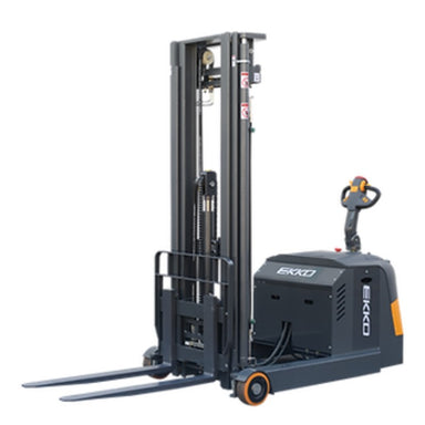 EKKO EH15T moving mast walkie reach truck, featuring a yellow and black handle, with a 3300 lbs capacity and 138" height.