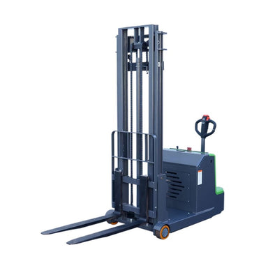 Forklift in green and black, EKKO EK10S-118LI model, designed for lifting loads up to 2200 lbs safely.