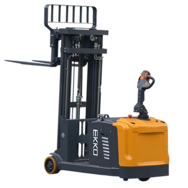 A man stands atop a counterbalanced walkie stacker, showcasing its side-shifting capabilities in a warehouse setting.