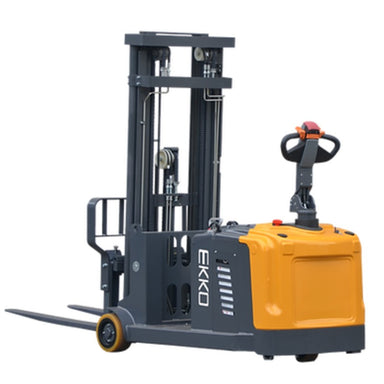 A forklift with a man standing on it, demonstrating the side-shifting feature of the EKKO EK13S-177 walkie stacker.