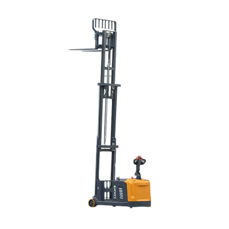 The EKKO EK13S-177 walkie stacker features a man standing on top, highlighting its counterbalanced and side-shifting design.
