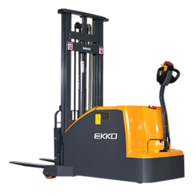 EKKO EK14C-130 electric walkie stacker, capable of lifting 3000 lbs, shown in a warehouse setting.