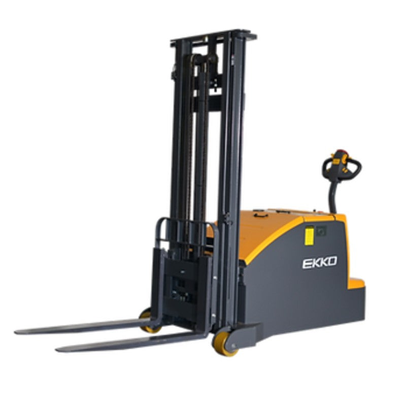 EKKO EK14C-130 electric stacker, a counterbalanced forklift with a 3000 lb capacity, positioned for loading tasks.