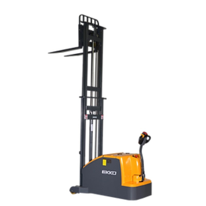 EKKO EK14C-130 walkie stacker, featuring a 3000 lb capacity, displayed in an operational warehouse environment.
