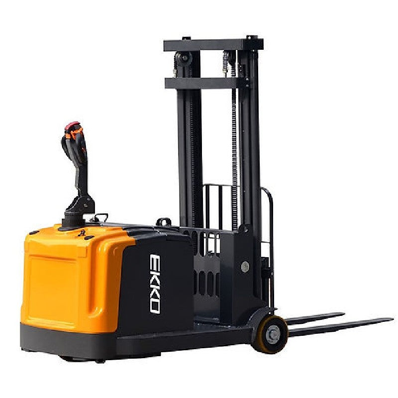 A yellow and black counterbalanced walkie stacker forklift, model EKKO EK14S-130, with side-shifting capability.
