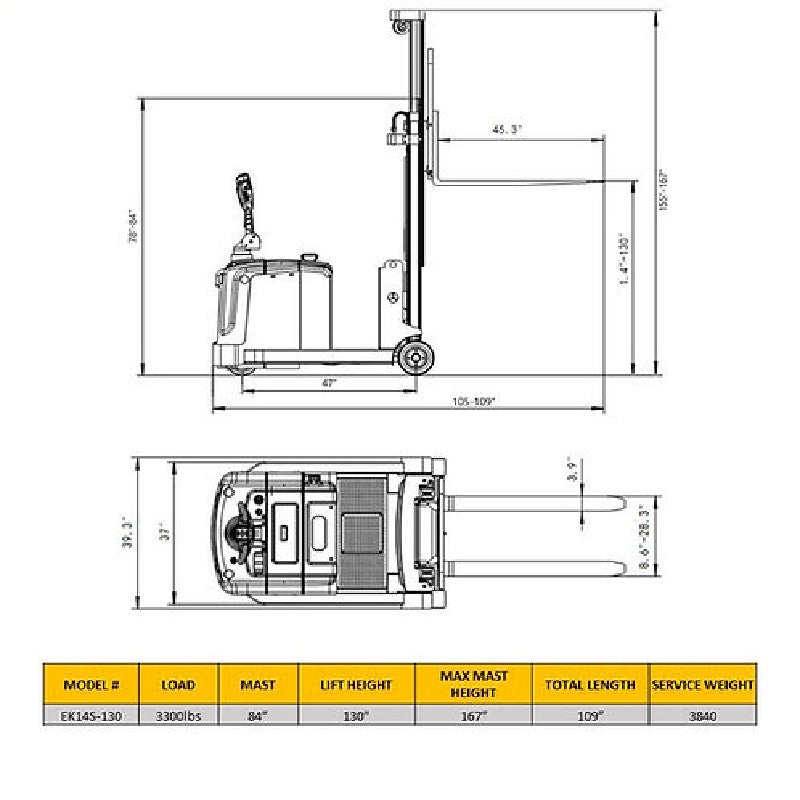 EKKO EK14S-130 counterbalanced walkie stacker, showcasing a yellow and black body with side-shifting features.