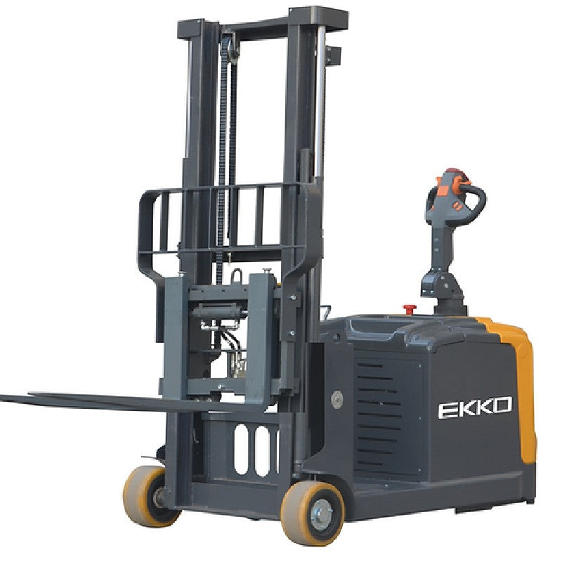 EKKO EK14S-130 walkie stacker forklift featuring a yellow and black design, equipped with side-shifting functionality.