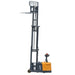 A side-shifting walkie stacker forklift, EKKO EK14S-130, prominently displayed in yellow and black colors.