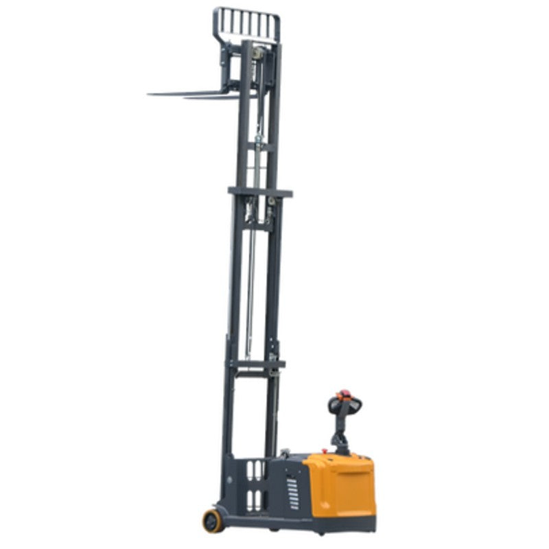 A side-shifting walkie stacker forklift, EKKO EK14S-130, prominently displayed in yellow and black colors.