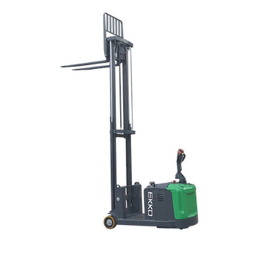 EKKO EK14S-130Li lithium walkie stacker in green and black, featuring side-shifting, displayed against a white background.