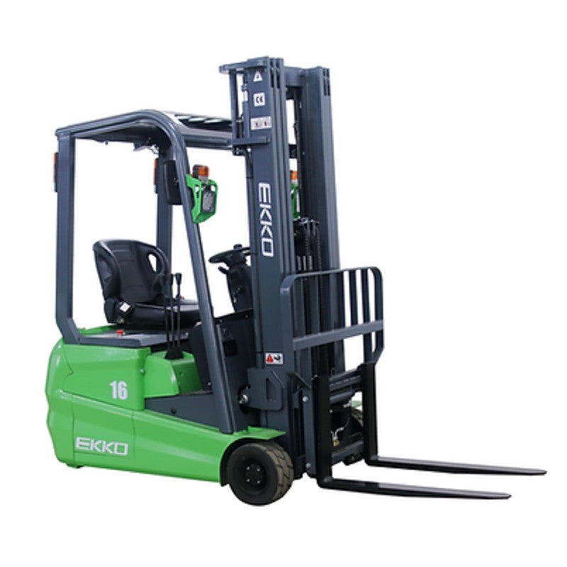 Green EKKO EK16A-216Li 3-wheel lithium forklift on a white background, with a 3,500 lbs capacity and 216" lift height.