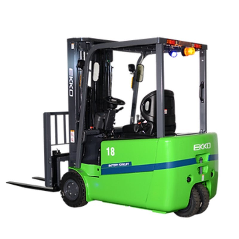 Green EKKO EK18AT-185Li 3-wheel lithium forklift on a black background, showcasing its 4,000 lbs capacity and 185" lift height.