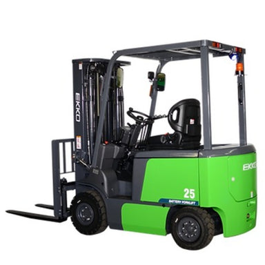Green EKKO EK25T-Li lithium-powered forklift on a white background, with a 5000 lbs capacity.