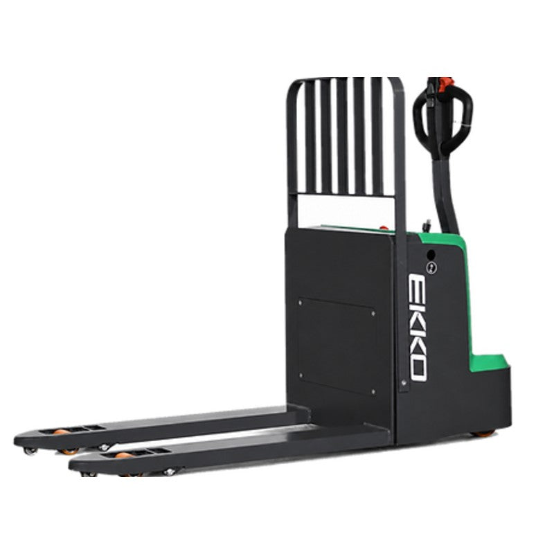 Green and black EKKO EP18Li lithium iron walkie pallet jack, designed for heavy lifting with a capacity of 4000 lbs.