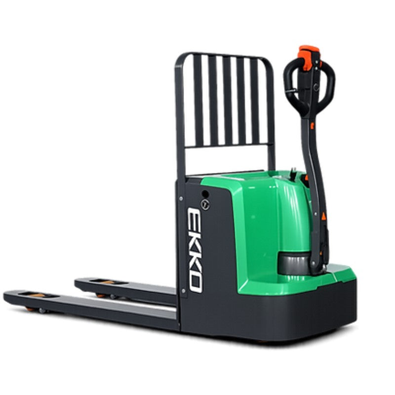 Green and black EKKO EP18Li electric walkie pallet jack with a 4000 lb capacity, designed for efficient material handling.