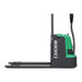 EKKO EP18Li lithium iron walkie pallet jack in green and black, capable of lifting up to 4000 lbs for warehouse use.