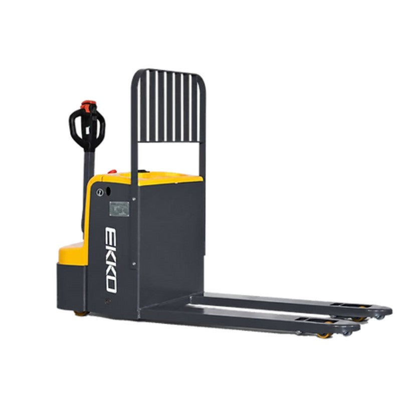 EKKO EP20E walkie pallet jack, featuring a yellow and black design, with a lifting capacity of 4400 lbs, in a storage area.