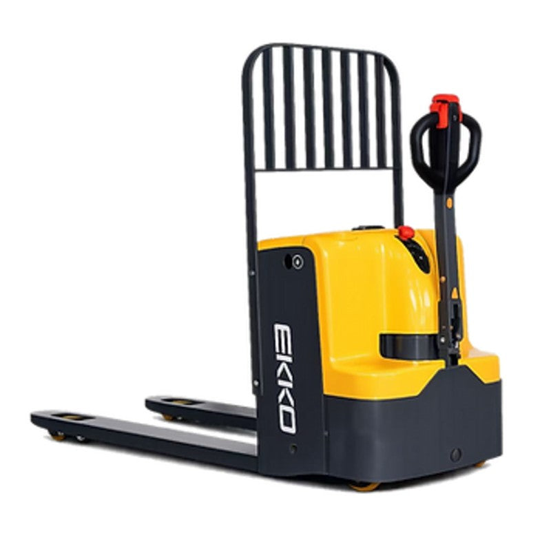 Electric hand truck, EKKO EP20E, in yellow and black, with a maximum load capacity of 4400 lbs, displayed in use.