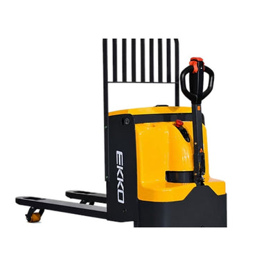 Yellow and black EKKO EP25E electric hand truck, capable of lifting 5500 lbs, shown in a warehouse setting.