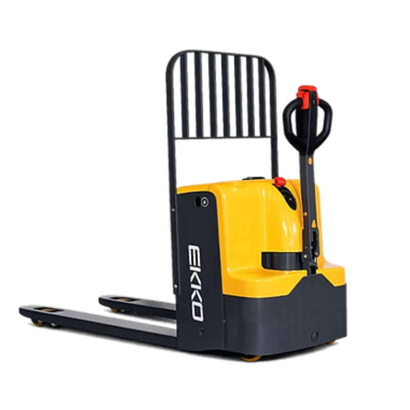 EKKO EP25E walkie pallet jack, yellow and black, with a 5500 lbs capacity, showcased in a logistics or warehouse space.