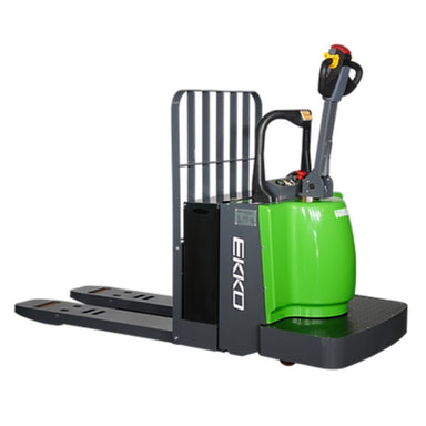 Green and black electric pallet jack, model EKKO EP30A-Li, with a 6600 lbs capacity, designed for efficient material handling.