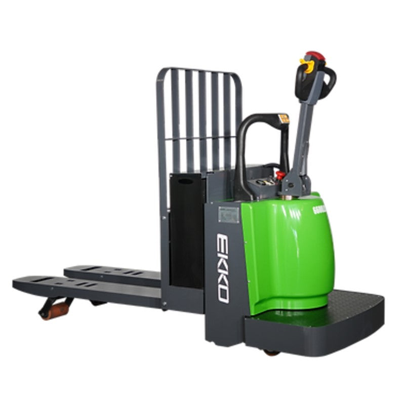  EKKO EP30A-Li electric pallet truck in green and black, capable of lifting up to 6600 lbs for heavy-duty transport tasks.