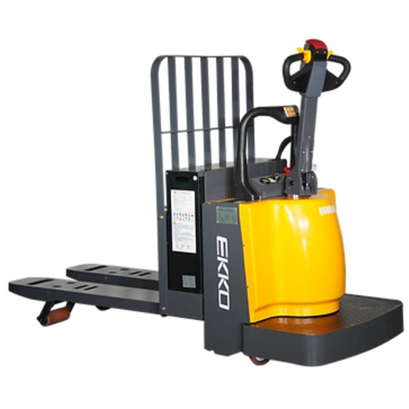 EKKO EP30A Rider Pallet Jack with yellow handle and black bucket, capable of lifting 6600 lbs.