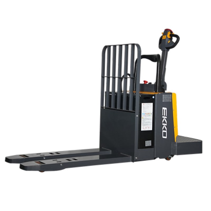 EKKO EP30A Rider Pallet Jack featuring a yellow handle and black bucket, designed for a 6600 lbs. lifting capacity.