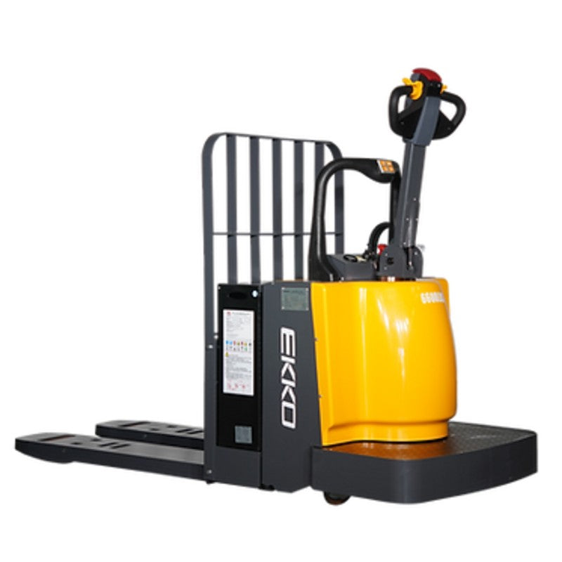 EKKO EP30A Rider Pallet Jack, equipped with a yellow handle and black bucket, supports a maximum load of 6600 lbs.