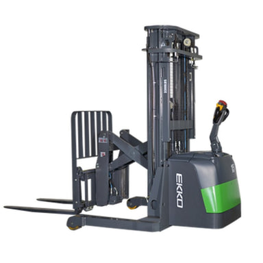 Green and black EKKO ER15-189Li lithium walkie reach truck, designed for lifting up to 3300 lbs.