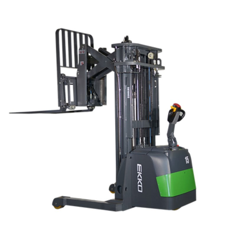 EKKO ER15-216Li lithium walkie reach truck, featuring a green and black design, with a 3300 lb lifting capacity.