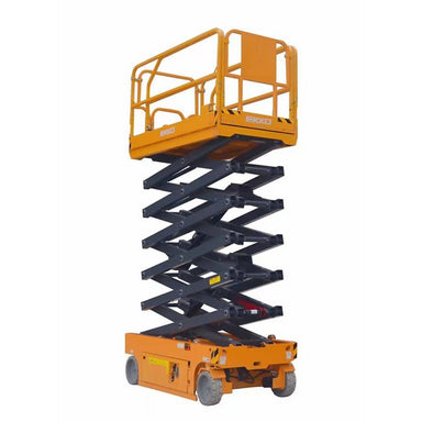 Small electric scissor lift on a white background, model EKKO ES100E, with a maximum height of 32.8 feet.