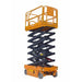Small electric scissor lift on a white background, model EKKO ES100E, with a maximum height of 32.8 feet.
