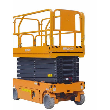EKKO ES100E electric scissor lift displayed on a white background, capable of reaching heights up to 32.8 feet.
