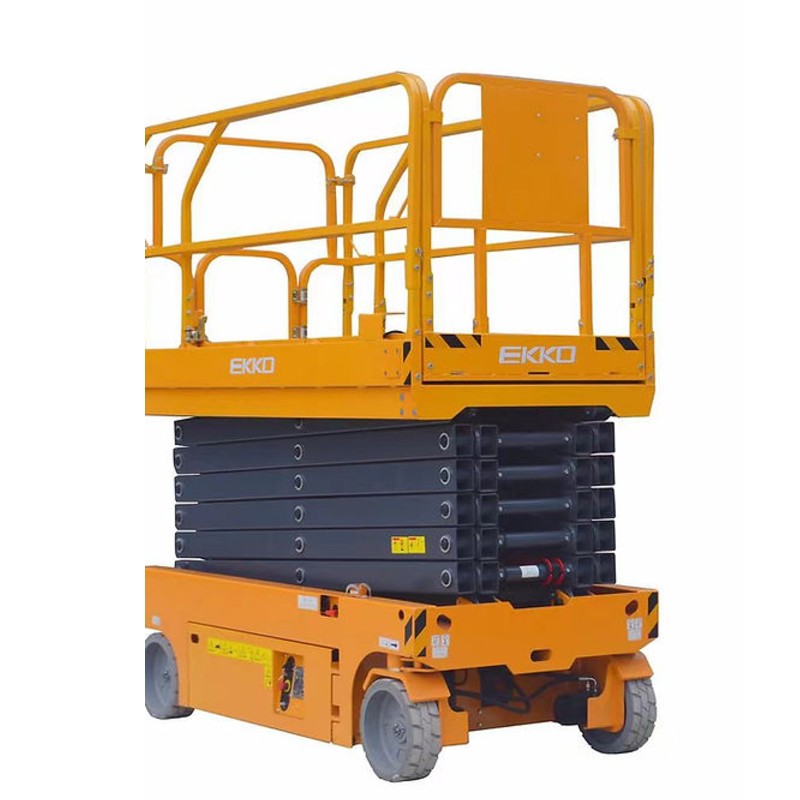 EKKO ES120E aerial work platform, an orange scissor lift with a maximum height of 39 feet, set against a white backdrop.