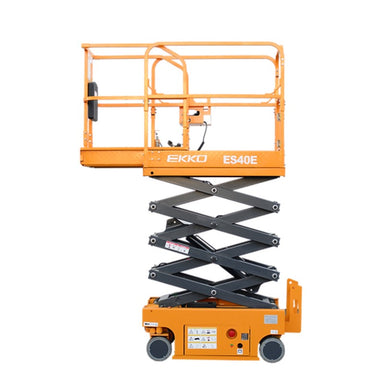 EKKO ES40E aerial work platform in orange, displayed against a black background, featuring a maximum lift height of 13 feet.