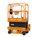 Orange electric scissor lift on a black background, showcasing the EKKO ES40E model with a lift height of 13 feet.