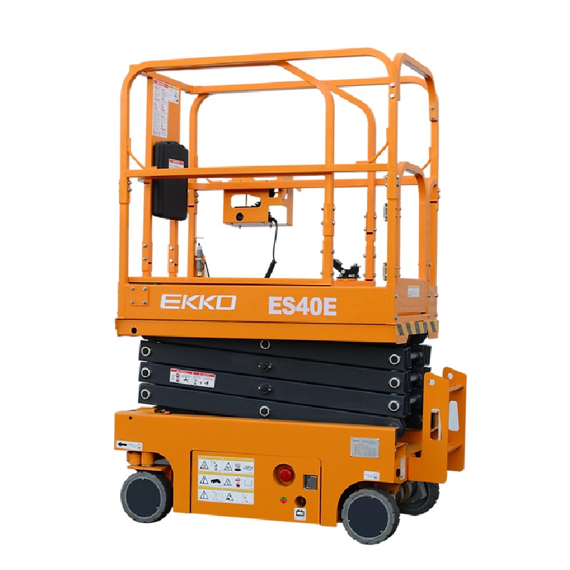 Orange electric scissor lift on a black background, showcasing the EKKO ES40E model with a lift height of 13 feet.